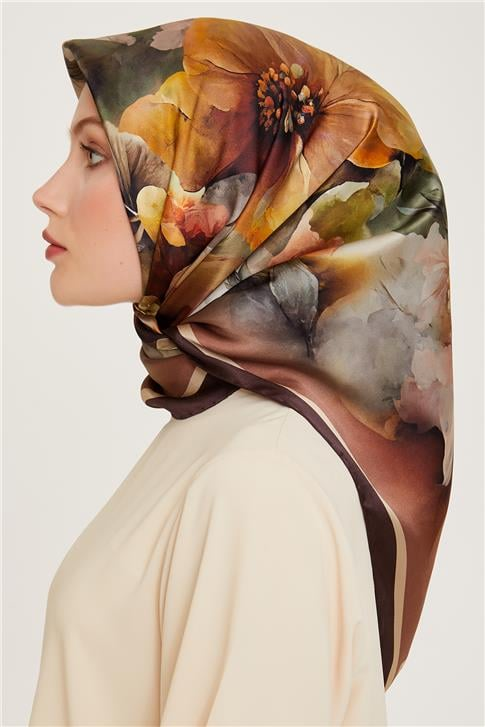 Armine Çiçek Desenli Twill Saf İpek Eşarp 9211D 38