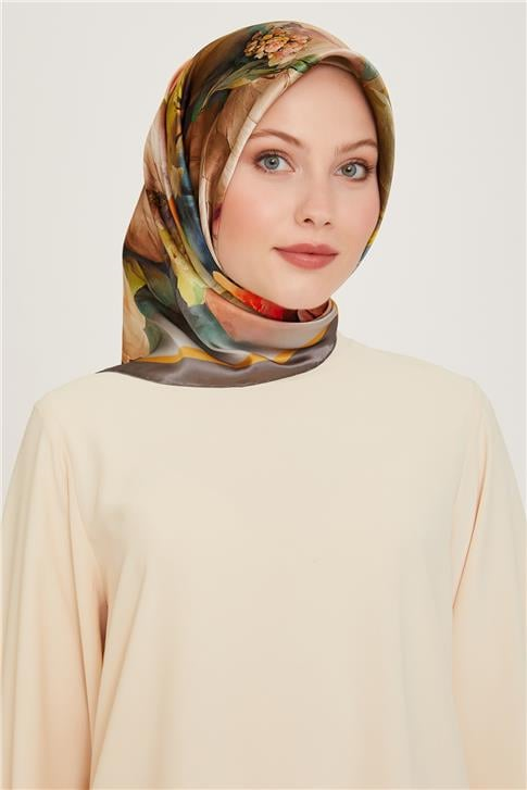 Armine Çiçek Desenli Twill Saf İpek Eşarp 9211D 33