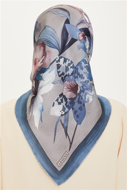 Armine Çiçek Desenli Twill Saf İpek Eşarp 9215D 34 37