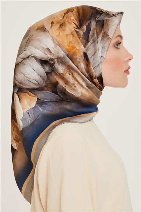 Armine Çiçek Desenli Twill Saf İpek Eşarp 9211D 01