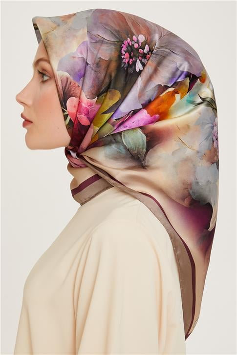 Armine Çiçek Desenli Twill Saf İpek Eşarp 9211D 32
