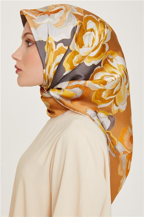 Armine Çiçek Desenli Twill Saf İpek Eşarp 9234D 81