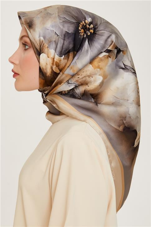 Armine Çiçek Desenli Twill Saf İpek Eşarp 9211D 03