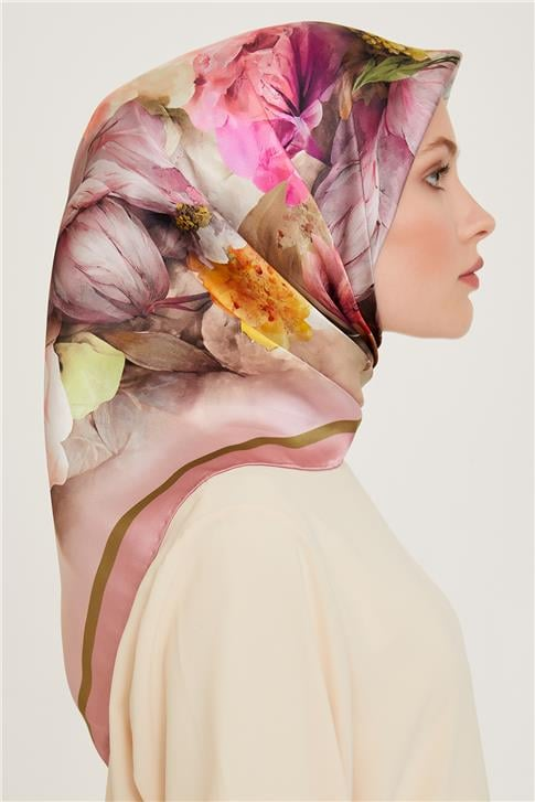 Armine Çiçek Desenli Twill Saf İpek Eşarp 9211D 40