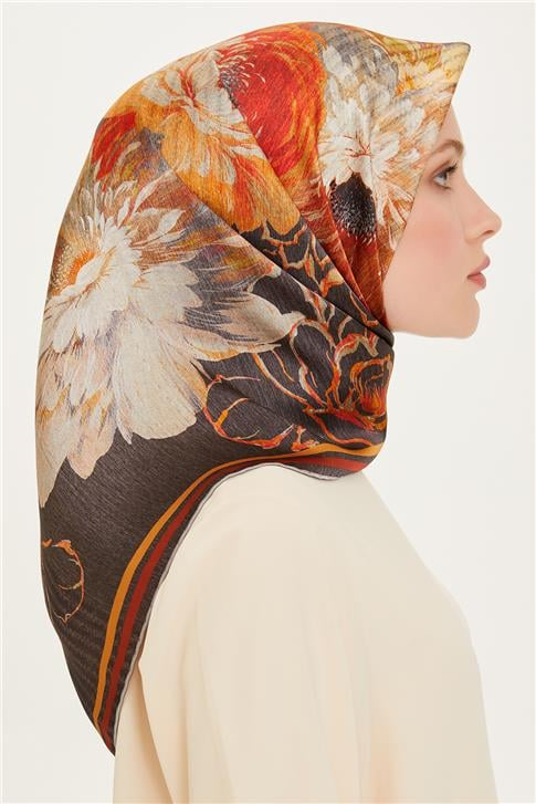 Armine Çiçek Desenli Twill Saf İpek Eşarp 9220D 82
