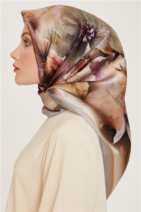 Armine Çiçek Desenli Twill Saf İpek Eşarp 9211D 35