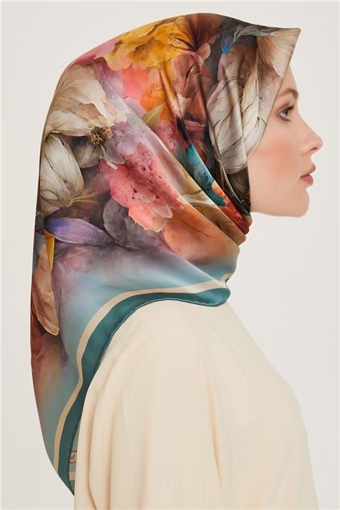 Armine Çiçek Desenli Twill Saf İpek Eşarp 9211D 31