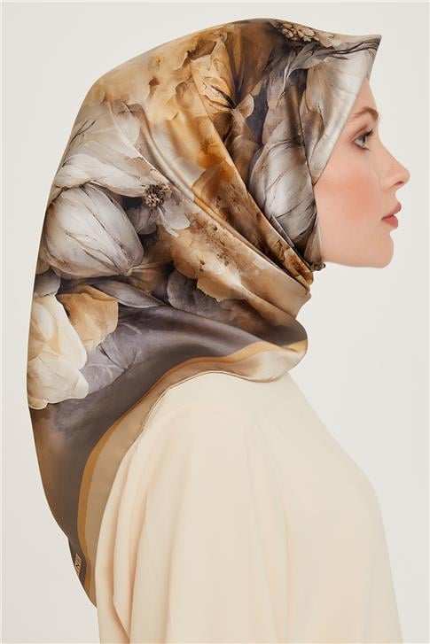 Armine Çiçek Desenli Twill Saf İpek Eşarp 9211D 03