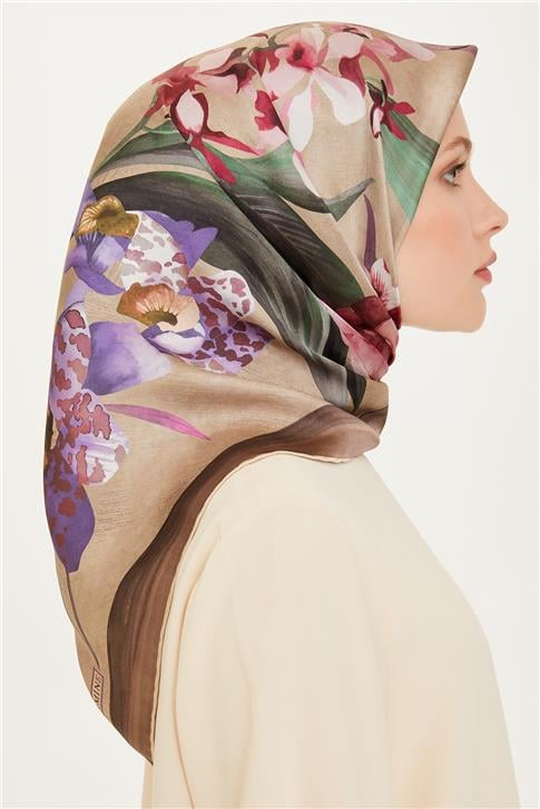Armine Çiçek Desenli Twill Saf İpek Eşarp 9215D 34 35