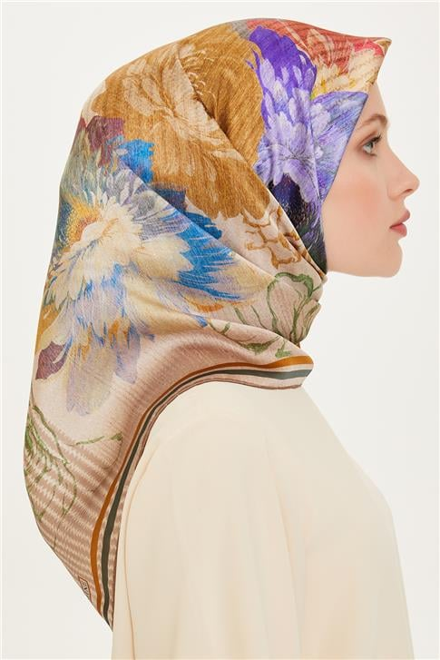 Armine Çiçek Desenli Twill Saf İpek Eşarp 9220D 50