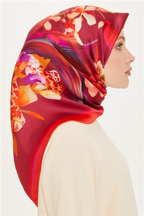 Armine Çiçek Desenli Twill Saf İpek Eşarp 9215D 34 01