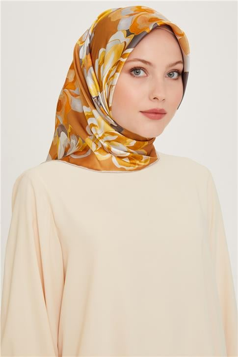Armine Çiçek Desenli Twill Saf İpek Eşarp 9234D 81