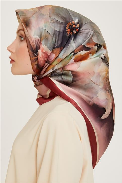 Armine Çiçek Desenli Twill Saf İpek Eşarp 9211D 34