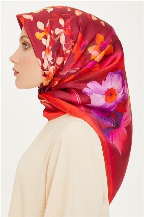 Armine Çiçek Desenli Twill Saf İpek Eşarp 9215D 34 01