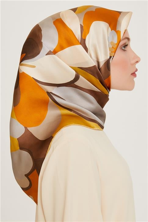 Armine Çiçek Desenli Twill Saf İpek Eşarp 9200D 34