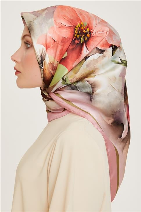Armine Çiçek Desenli Twill Saf İpek Eşarp 9211D 40