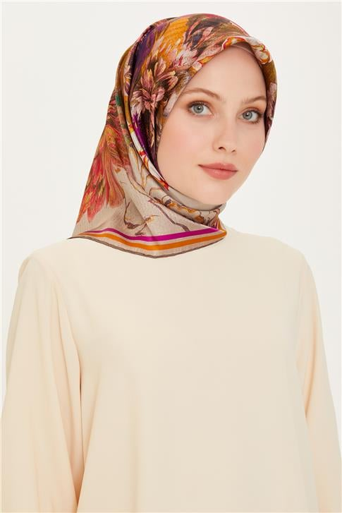 Armine Çiçek Desenli Twill Saf İpek Eşarp 9220D 05
