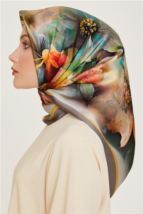Armine Çiçek Desenli Twill Saf İpek Eşarp 9211D 33