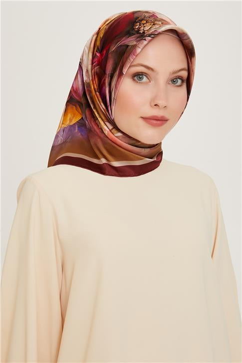 Armine Çiçek Desenli Twill Saf İpek Eşarp 9211D 05