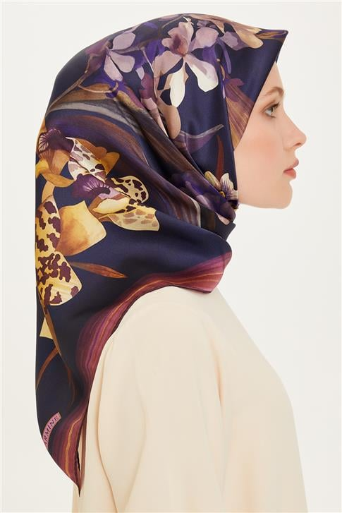 Armine Çiçek Desenli Twill Saf İpek Eşarp 9215D 34 02