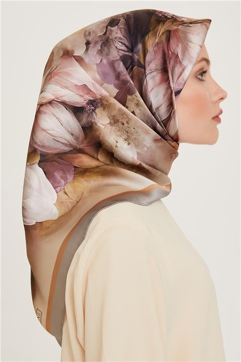 Armine Çiçek Desenli Twill Saf İpek Eşarp 9211D 35