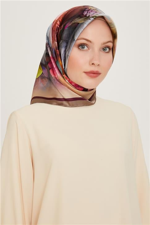 Armine Çiçek Desenli Twill Saf İpek Eşarp 9211D 32