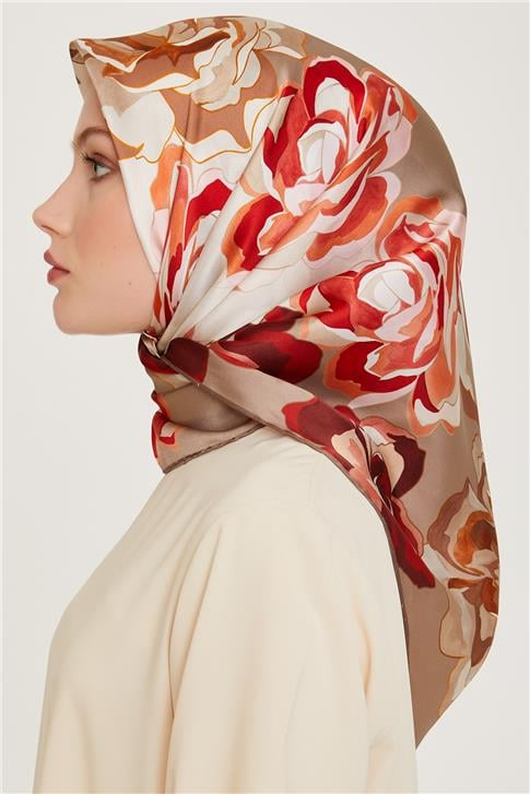 Armine Çiçek Desenli Twill Saf İpek Eşarp 9234D 01