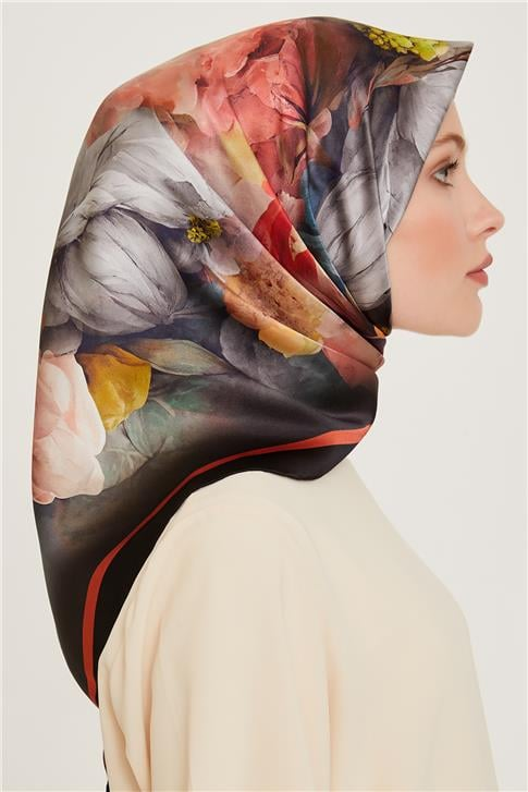Armine Çiçek Desenli Twill Saf İpek Eşarp 9211D 83