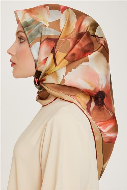 Armine Çiçek Desenli Twill Saf İpek Eşarp 9205D 80