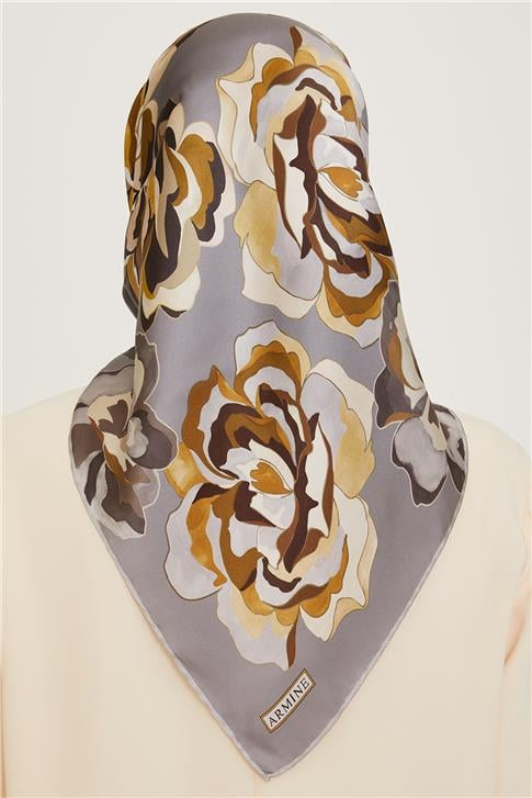 Armine Çiçek Desenli Twill Saf İpek Eşarp 9234D 32
