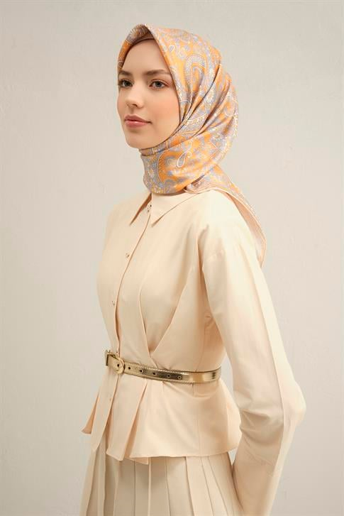 Armine Etnik Desenli Saf İpek Twill Eşarp 9304D 37