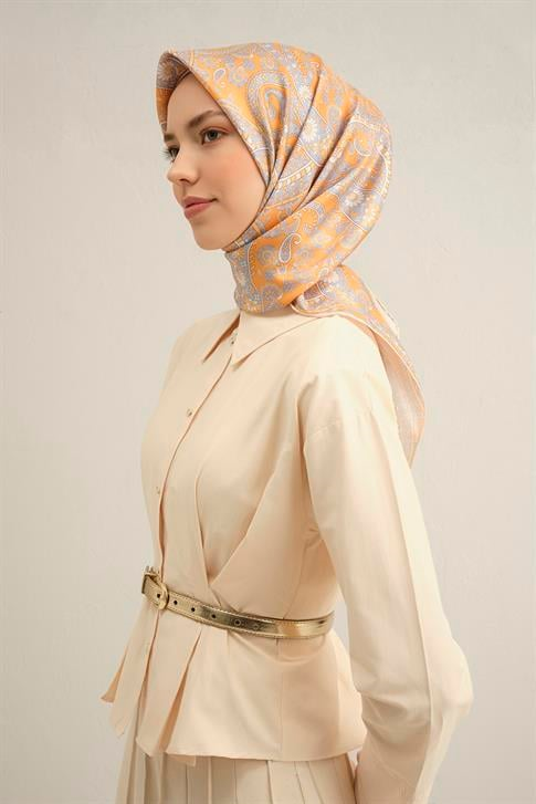 Armine Etnik Desenli Saf İpek Twill Eşarp 9304D 37