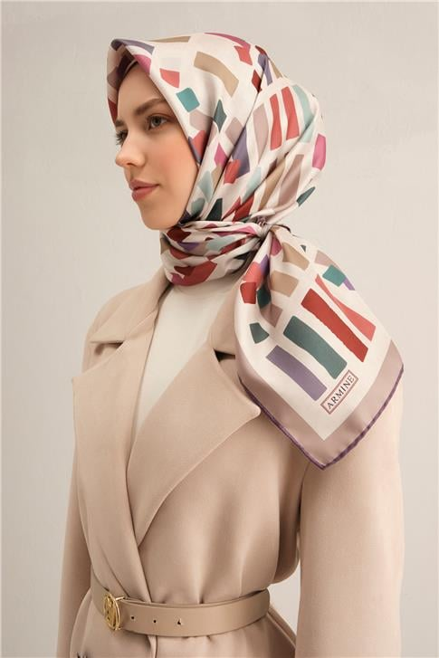 Armine Geometrik Desenli Saf İpek Sura Eşarp 9341D 04