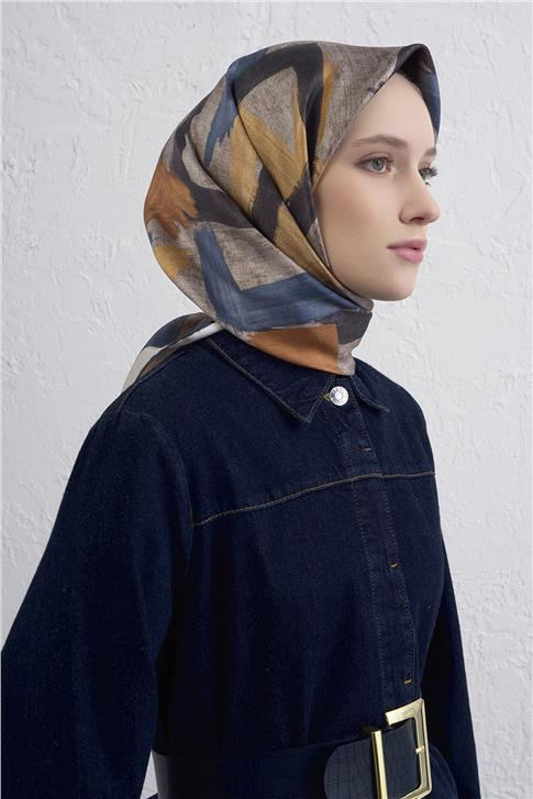 Armine Geometrik Desenli Saf İpek Twill Eşarp 9413D 01