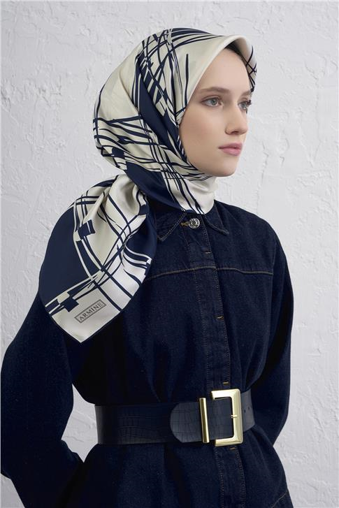 Armine Geometrik Desenli Saf İpek Twill Eşarp 9442D 34