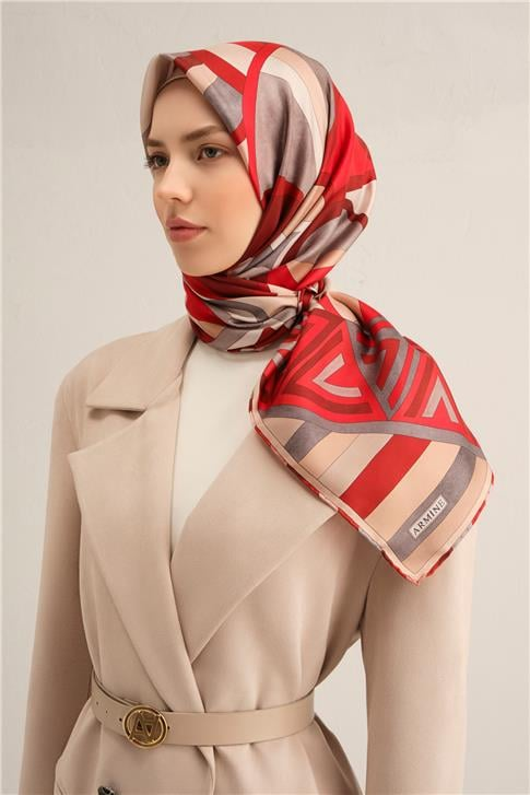 Armine Geometrik Desenli Saf İpek Twill Eşarp 9336D 84