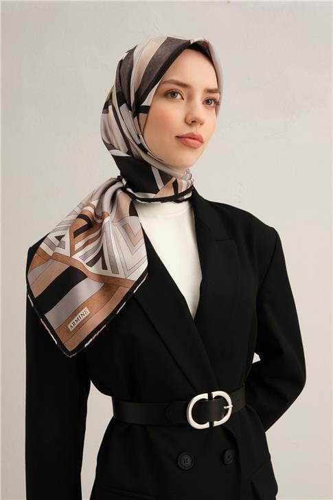 Armine Geometrik Desenli Saf İpek Twill Eşarp 9336D 85