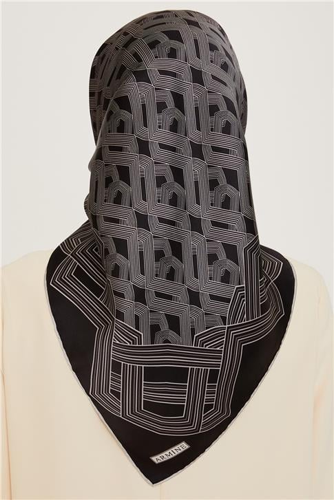 Armine Klasik Desenli Twill Saf İpek Eşarp 9213D 03
