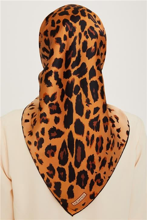 Armine Leopar Desenli Twill Saf İpek Eşarp 9249D 01