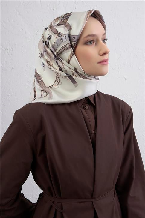 Armine Obje Desenli Saf İpek Twill Eşarp 9422D 86
