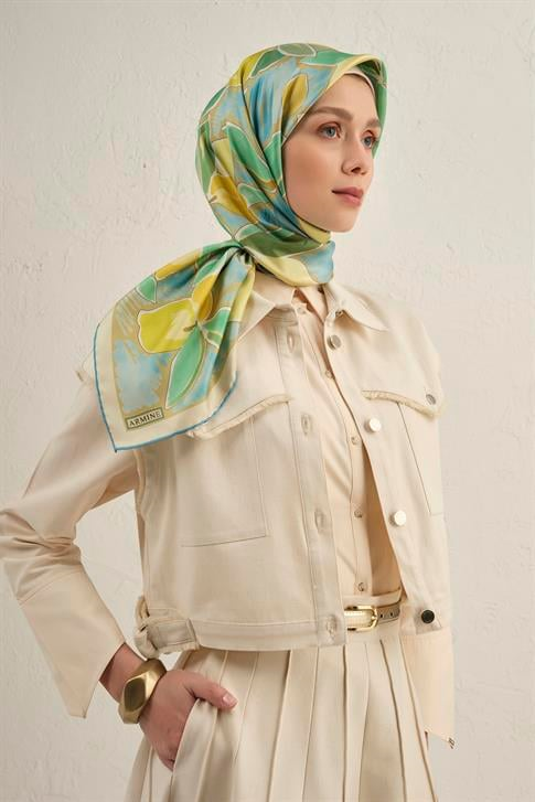 Armine Obje Desenli Saf İpek Twill Eşarp 9314D 04