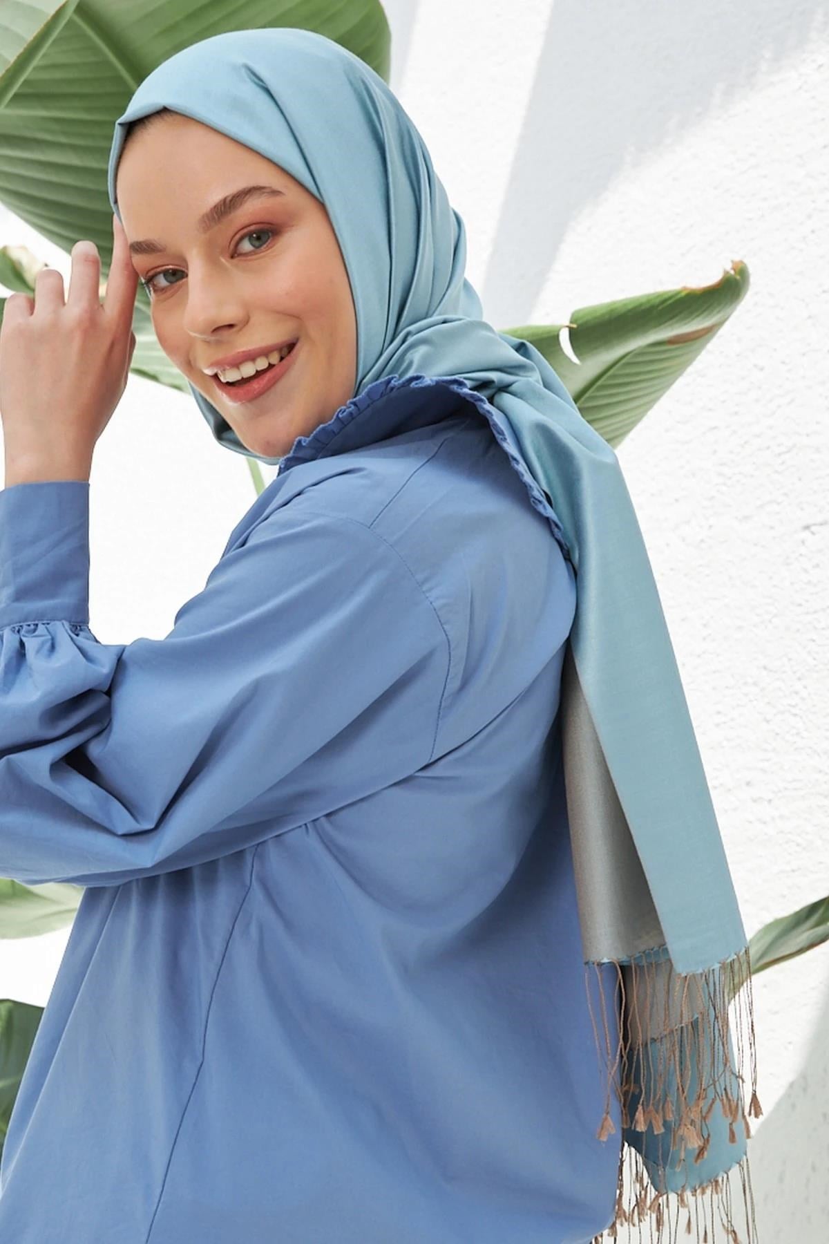 Bebe Mavi Vizon Düz Çift Taraflı İpek Şal Modeli