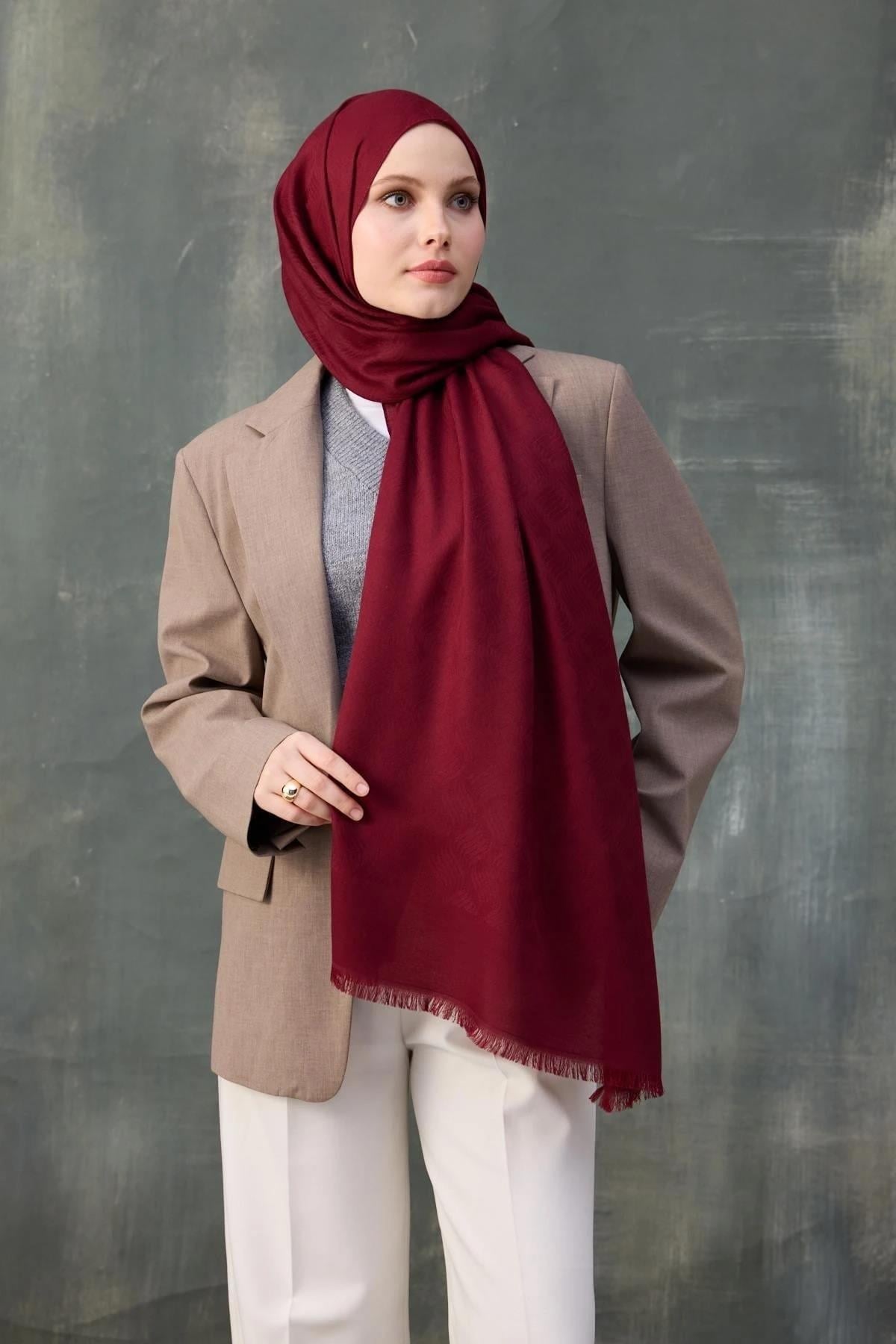 Dalga Desen Pamuk Jakar Şal Bordo 8010-02