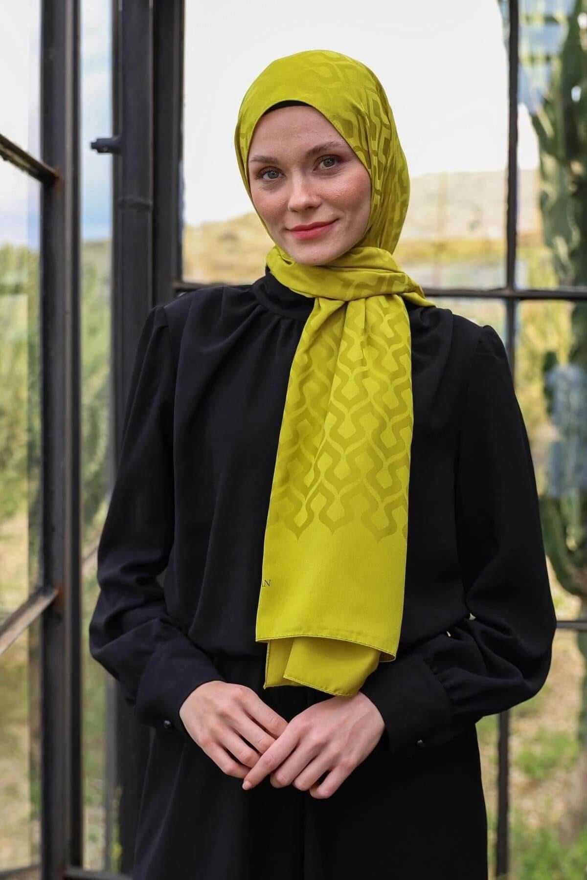 Damla Desen İpeksi Jakar Şal Yağ Yeşili 9012-06