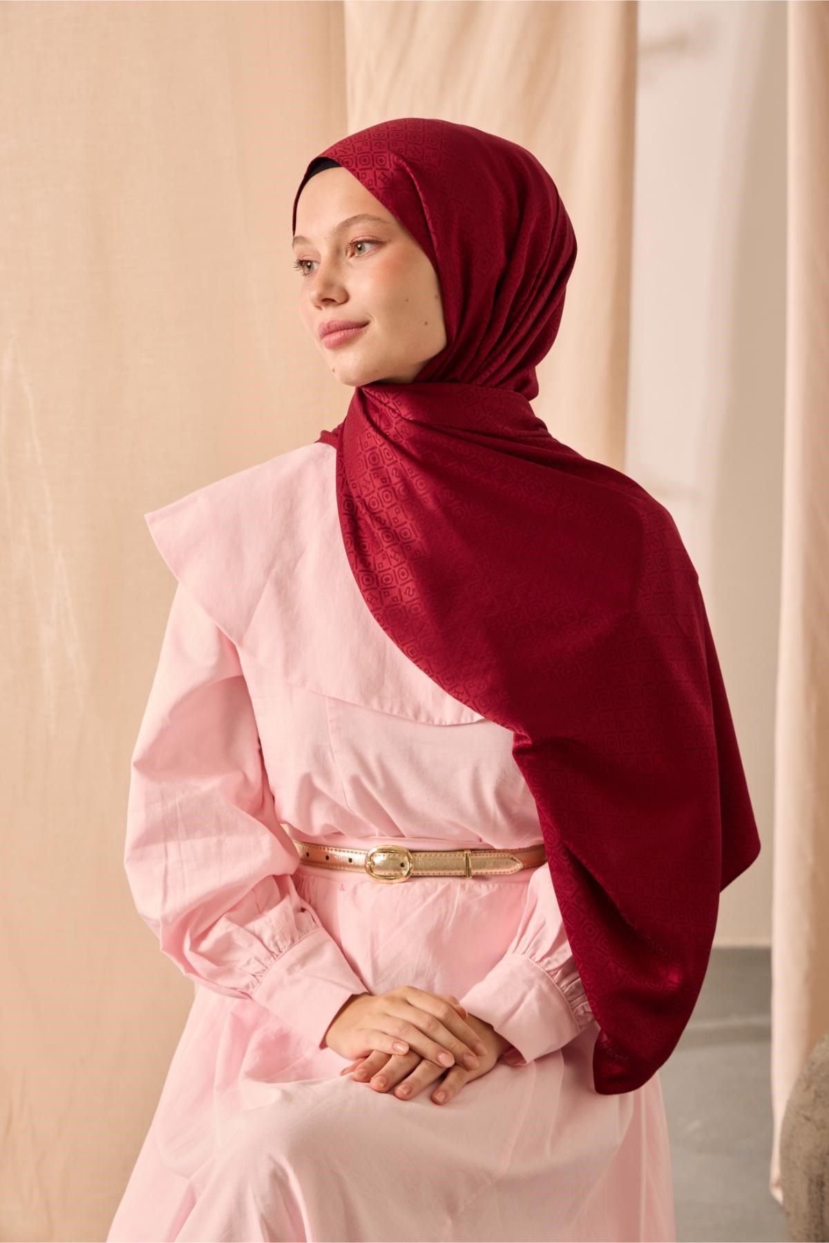 Deluxe Şal Bordo Jakarlı Tok Duruşlu Viskon Karışımlı 75x190