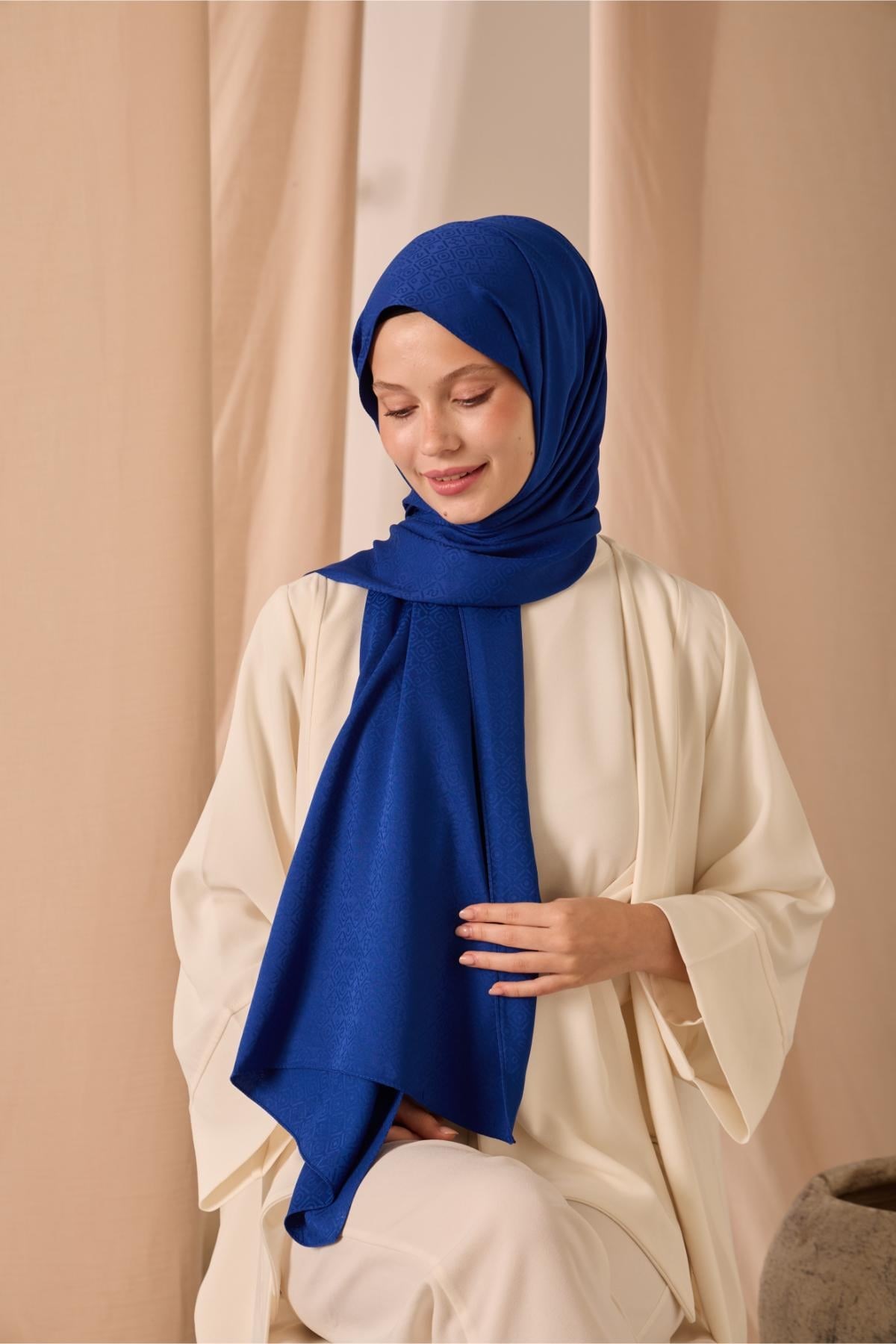 Deluxe Şal Saks Jakarlı Tok Duruşlu Viskon Karışımlı 75x190