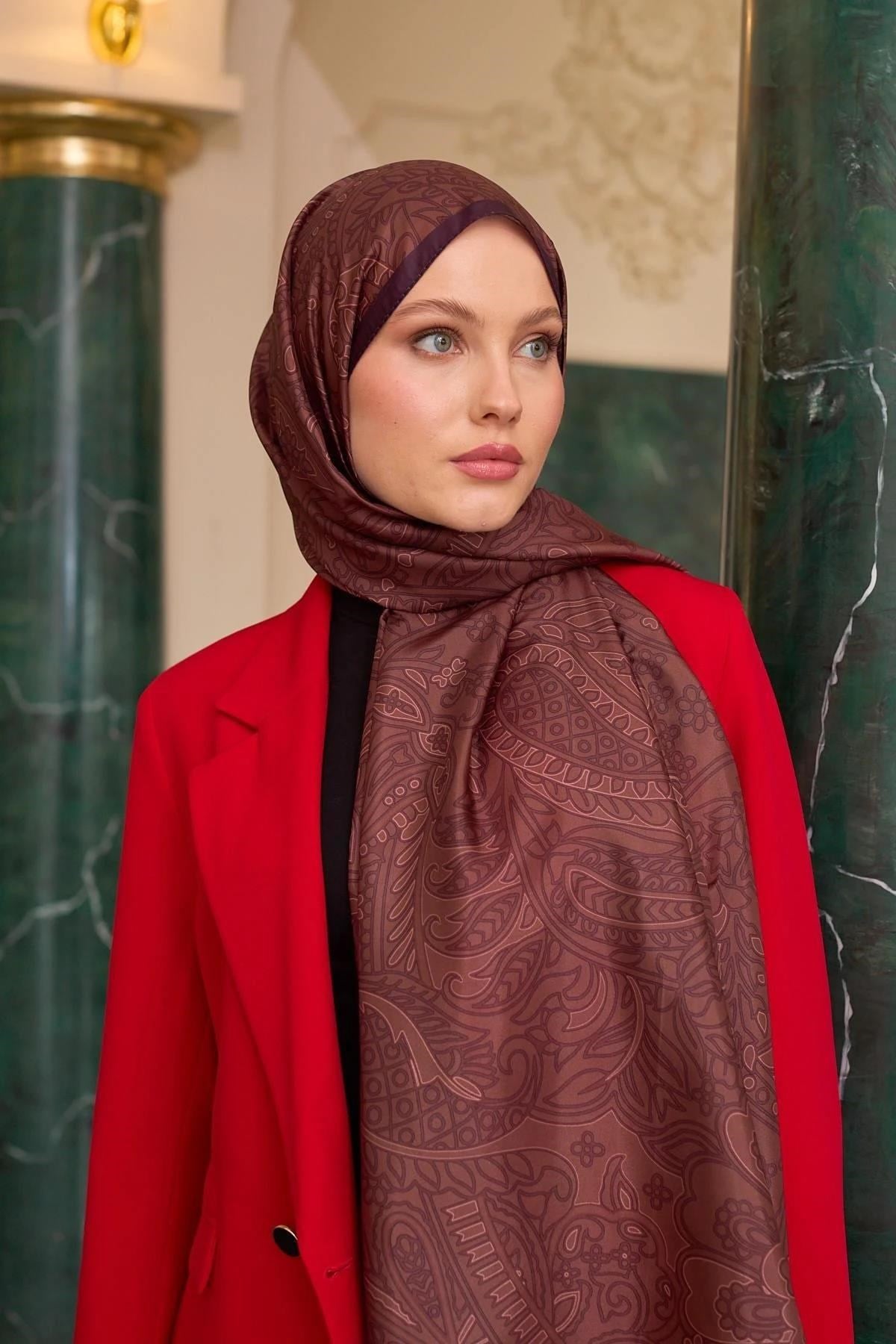 Desenli Vual Şal Bakır Kahve Vual İpek Şal - 9803-05