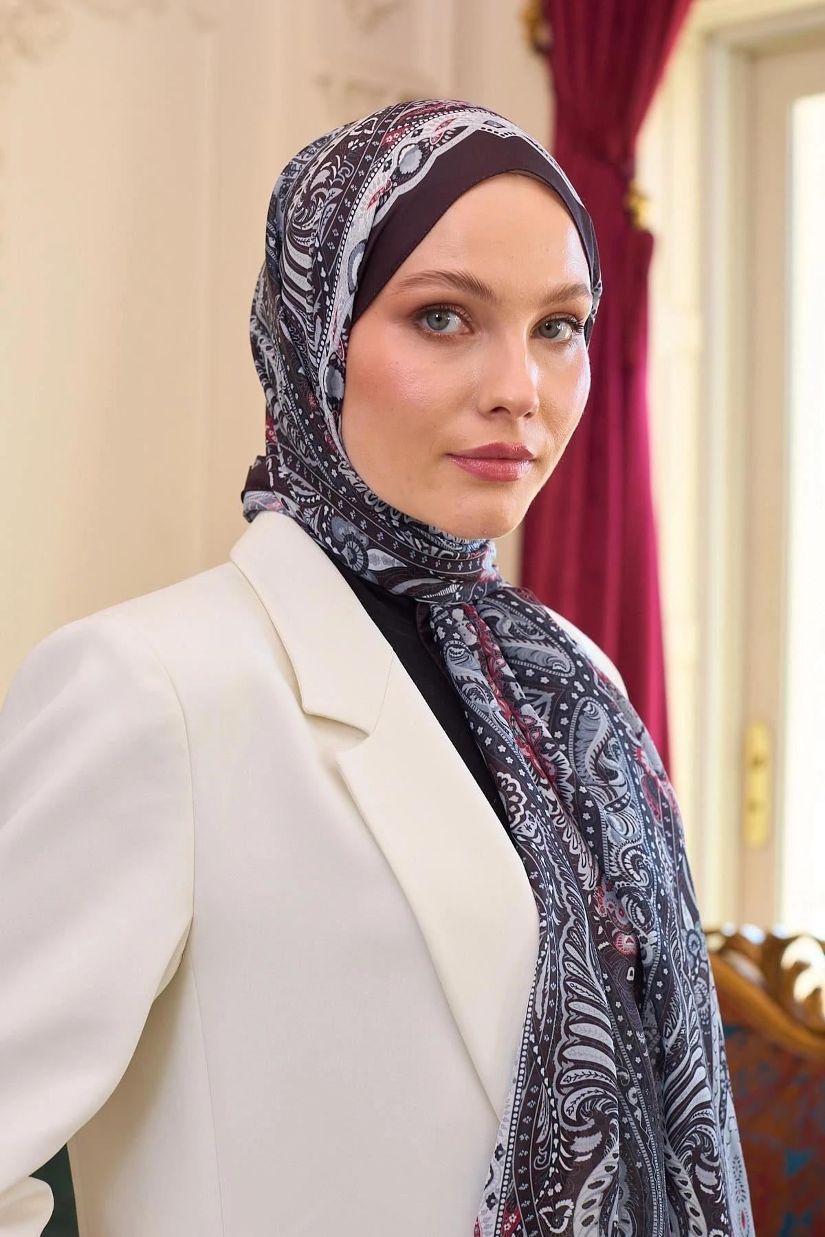 Desenli Vual Şal Koyu Mürdüm Vual İpek Şal - 9804-07