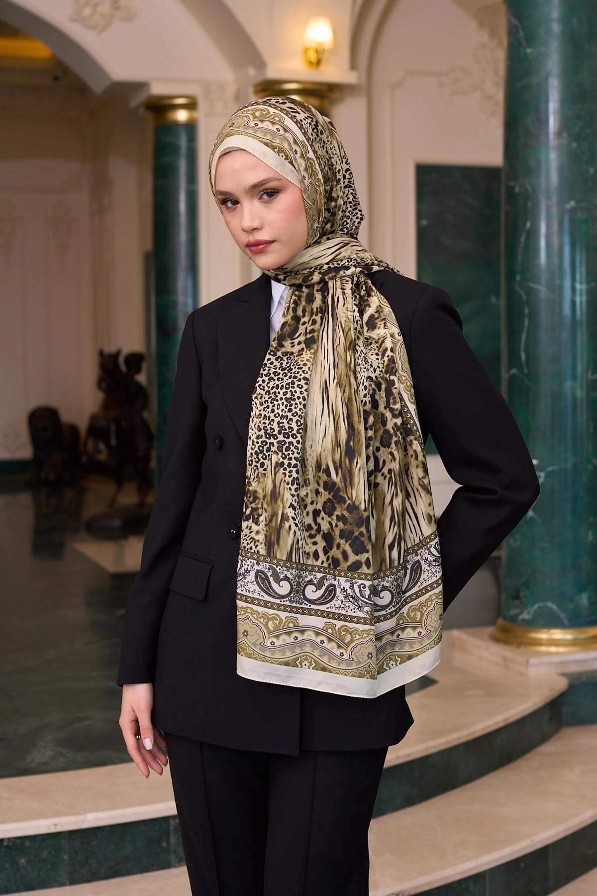 Desenli Vual Şal Krem Gold Vual İpek Şal - 9802-10