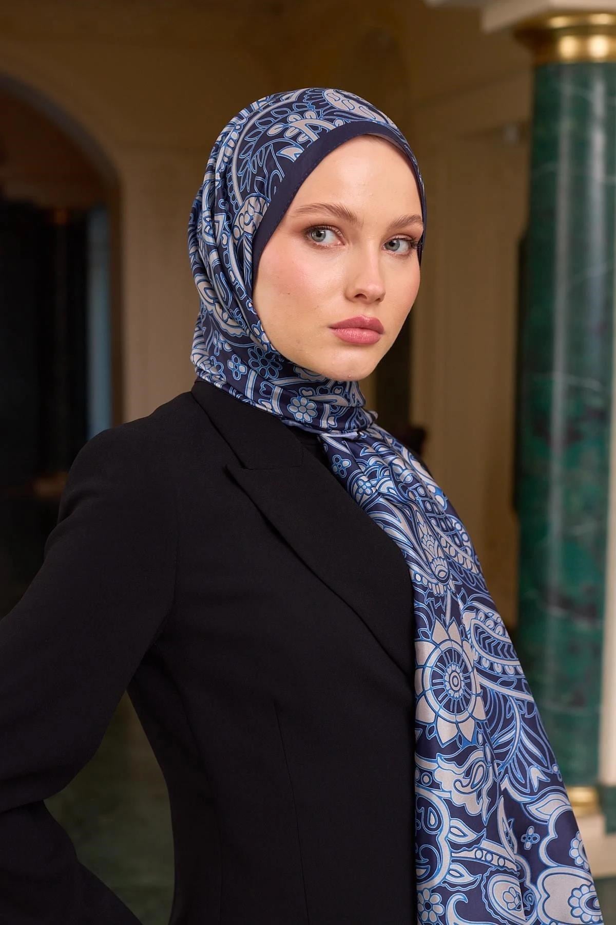 Desenli Vual Şal Lacivert Mavi Vual İpek Şal - 9803-13